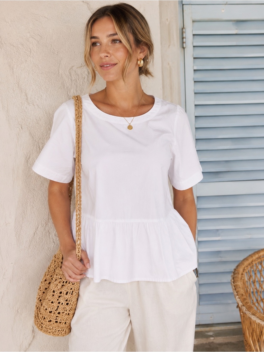 Maeve Anthropologie White Cotton Peplum Blouse Small Cottagecore Babydoll Top